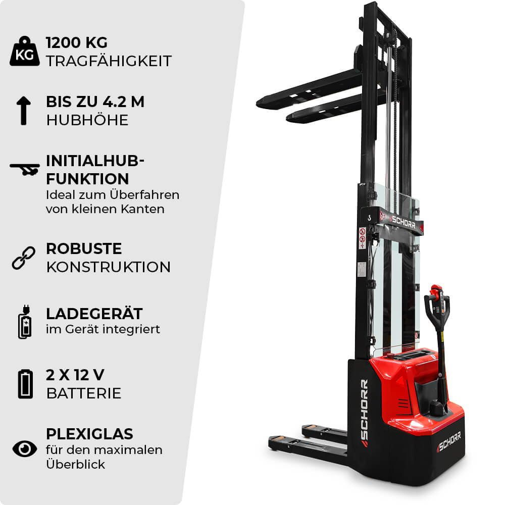 SCHORR Elektro Hochhubwagen PRO+ mit Initialhub 1200KG (2,9m - 4,2m Hubhöhe)